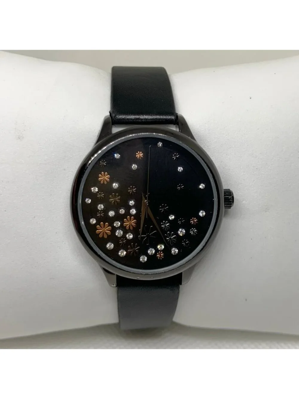FMD women’s quartz watch black tone 33mm floral dial black leather running